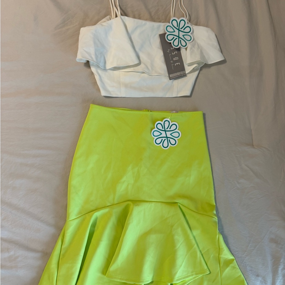 Essue Lime Green Midi Skirt and White Top